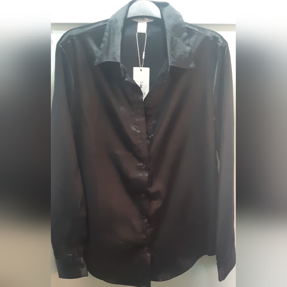Women's NWT Size Small Revamped Black Satin Gothcore Witchy  Blouse
